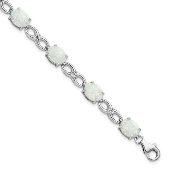 Kazi Luxury Silver Rhodium-plated Polished White Created Opal & CZ Bracelet
